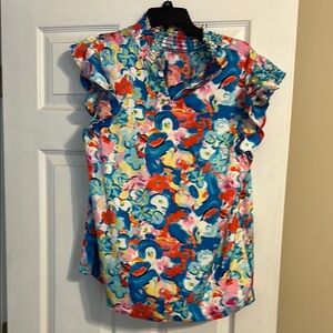 Eesome Blue and Orange Flutter Sleeve Blouse